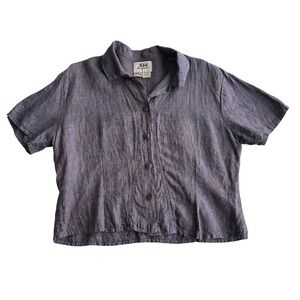Flax VTG 100% Linen Grid Weave Blue Button Up Lagenlook Camp Shirt Large